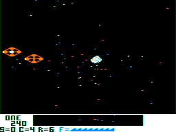 Stellar Life Line (TRS-80 CoCo) screenshot: Player ship being destroyed