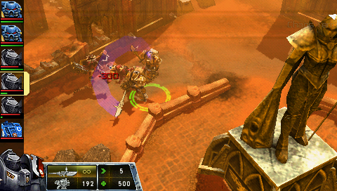 Warhammer 40,000: Squad Command (PSP) screenshot: Grey Knight persuading the adversary to do a back-flip.