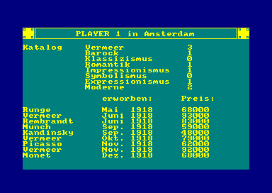 Vermeer (Amstrad CPC) screenshot: Art collection screen