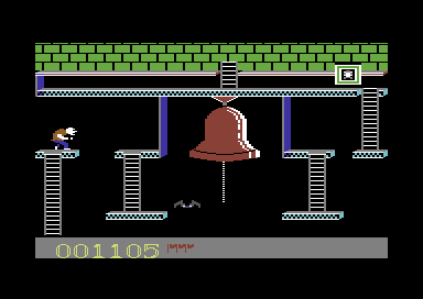 Quasimodo (Commodore 64) screenshot: There's a gem in the wild, in the top right. Collect it, and keep it with you until you reach the altar.