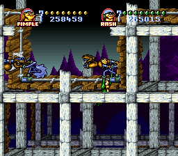 Battletoads in Battlemaniacs (SNES) screenshot: Rocket pipes with an evil rat in hot pursuit