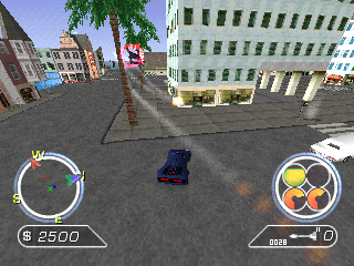 Auto Destruct (PlayStation) screenshot: This mission involves escorting the Mayor to safety. Not easy with Lazarus' cars and choppers chasing you, and the Mayor's driver trying his best to leave you behind.
