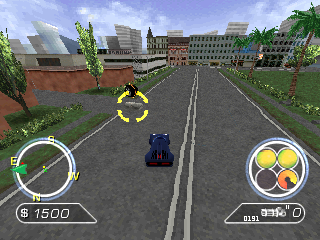 Auto Destruct (PlayStation) screenshot: Picking up a nitro boost outside the military base, where the missiles are to be stolen.