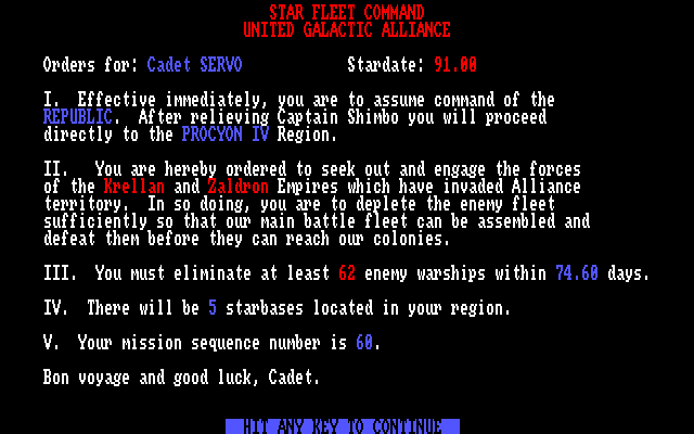 Star Fleet I: The War Begins! (Amiga) screenshot: Your orders.