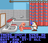 Quest for the Shaven Yak starring Ren Hoëk & Stimpy (Game Gear) screenshot: Oh boy, if all their lives are gone, they'll show up in the bathroom crying... but Ren cheers up, as he says it is just a game and they can try again!