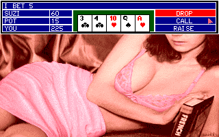 Strip Poker II (Amiga) screenshot: She bets $5; drop? call? raise?