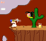 Quest for the Shaven Yak starring Ren Hoëk & Stimpy (Game Gear) screenshot: Another special weapon: the soap bar. And don't be fooled by the glass of juice, it is a mirage. In fact, it is a scorpion.