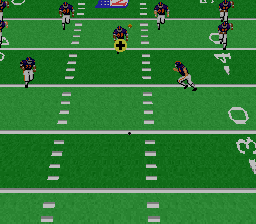 NFL Football (SNES) screenshot: The yellow cursor with the plus sign signals what player is being controlled