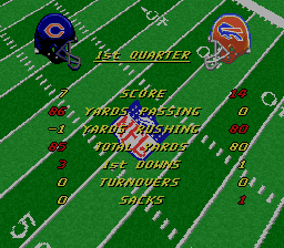 NFL Football (SNES) screenshot: Game stats appear after each quarter
