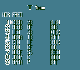 Nolan Ryan's Baseball (SNES) screenshot: A team's roster