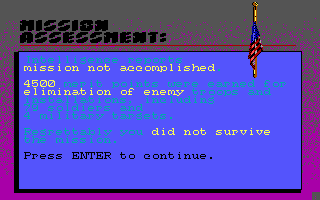 Airborne Ranger (DOS) screenshot: Mission failed. But hey I still killed 79 enemy soldiers. I thought this was a stealth game.