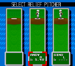 Nolan Ryan's Baseball (SNES) screenshot: Selecting a relief pitcher