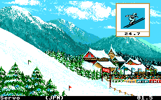 Winter Games (Atari ST) screenshot: Ski jumper mid air; perform some tricks if you can!