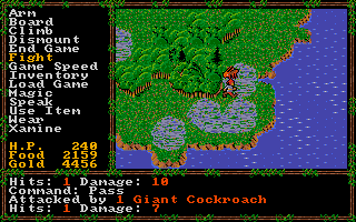 Questron II (Amiga) screenshot: Fighting a giant cockroach