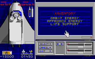 E.S.S. (Atari ST) screenshot: Adjusting the energy and life support level of the shuttle for additional money