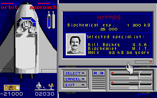 E.S.S. (Atari ST) screenshot: Selecting the scientist