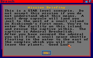 Breach (Amiga) screenshot: Mission briefing