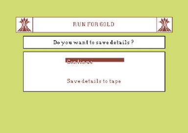 Run for Gold (Commodore 64) screenshot: At the end of every race there is the option to save progress made so far