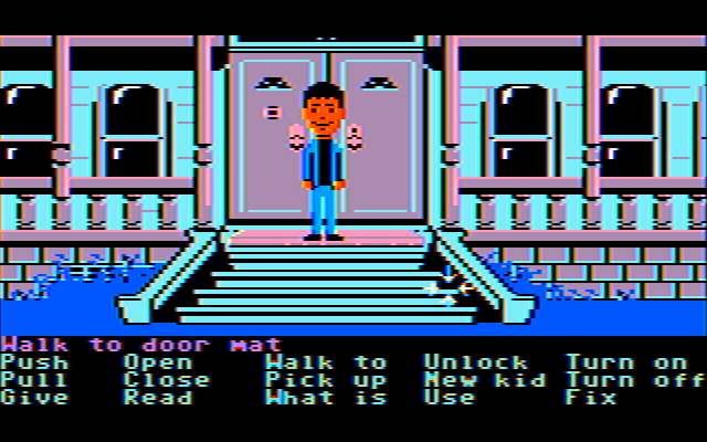 Maniac Mansion (DOS) screenshot: Front Door (CGA Color Composite Mode)