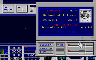 E.S.S. (Atari ST) screenshot: Selecting the crew member