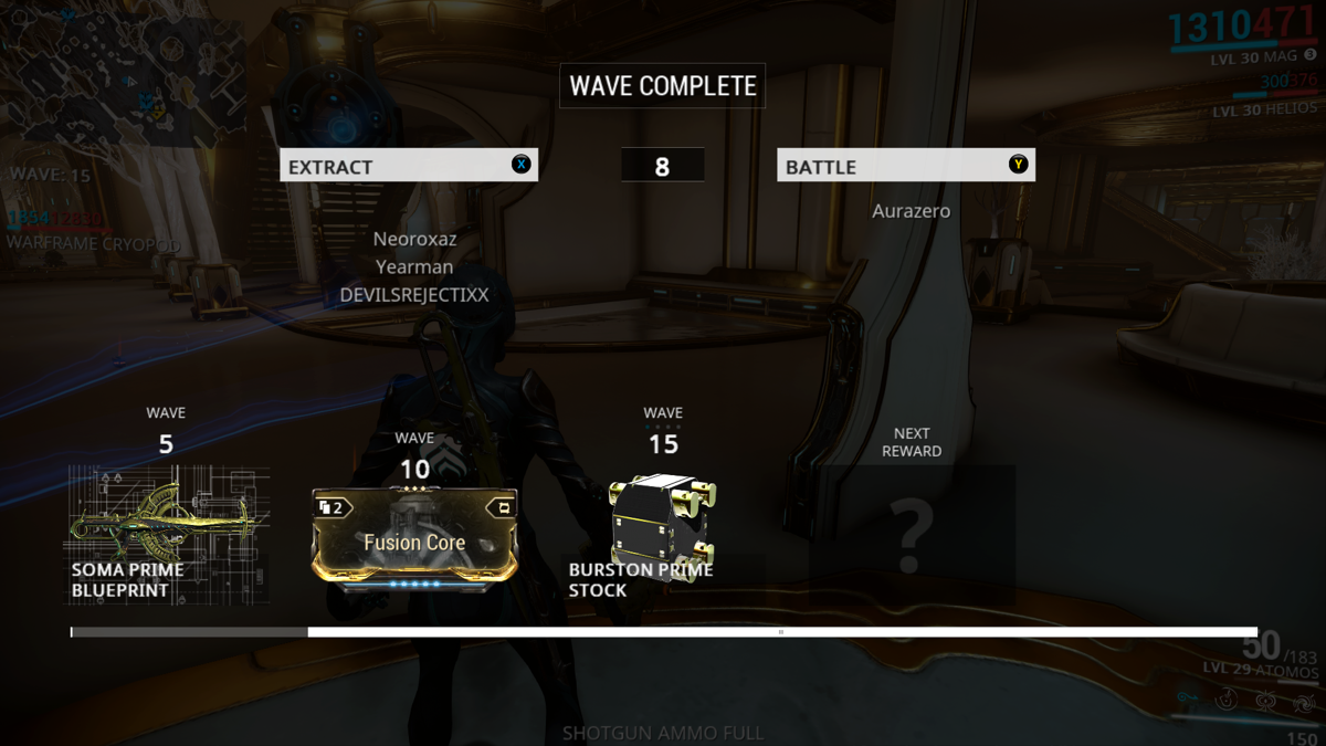 Warframe (Xbox One) screenshot: Players can decide to quit certain missions after five waves or play longer and receive more and better rewards.