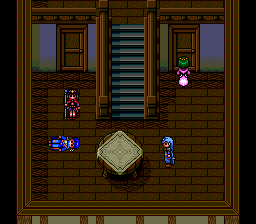 Travelers! Densetsu o Buttobase (TurboGrafx CD) screenshot: The big hero is lying on the floor, but soon he'll roll over to peek under the girl's skirt. Seriously