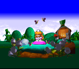 Super Mario RPG: Legend of the Seven Stars (SNES) screenshot: The short intro shows the usual Mario story: princess is kidnapped by Bowser, etc., etc.