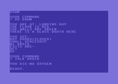 Derelict (Commodore 64) screenshot: And then I died because I can't breath helium. I put on my space suit but forgot to connect the oxygen tank...