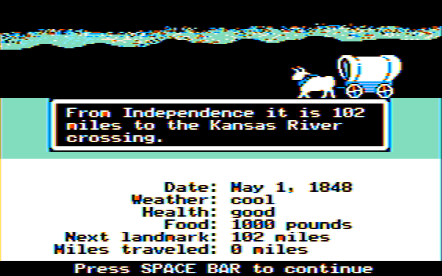 The Oregon Trail (DOS) screenshot: Starting on the trail (CGA Color Composite Graphics)