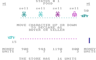 M.U.L.E. (PC Booter) screenshot: The store has 16 units (CGA with RGB monitor)