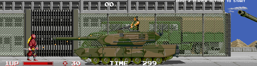 The Ninja Warriors (Arcade) screenshot: Big tank to destroy.