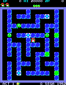 Pengo (Arcade) screenshot: The maze of ice.
