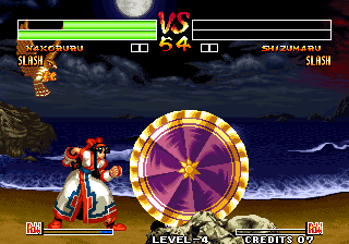 Samurai Shodown IV: Amakusa's Revenge (Arcade) screenshot: Umbrella shield