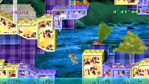 Umihara Kawase: Shun - Second Edition (PSP) screenshot: Swinging on a fishing line.