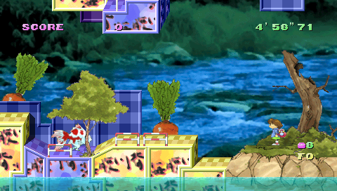 Umihara Kawase: Shun - Second Edition (PSP) screenshot: First stage. Walking fish! Giant vegetables!