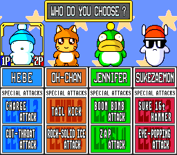 Hebereke's Popoon (SNES) screenshot: Choose your character