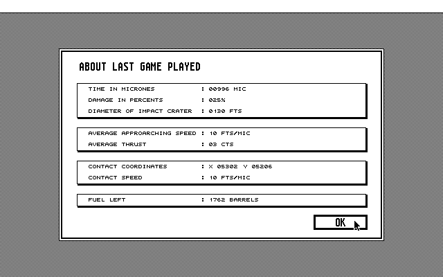 Planet Lander (Atari ST) screenshot: Data about the last game. Only 25% damage isn't that bad, or is it?