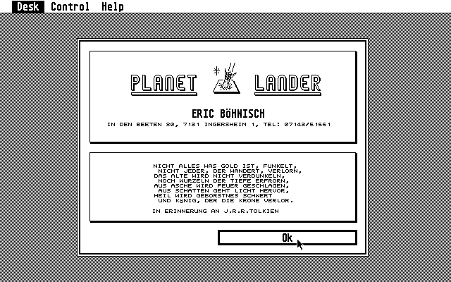 Planet Lander (Atari ST) screenshot: Info screen