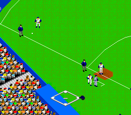 Super Batter Up (SNES) screenshot: The ball rolls into the outfield