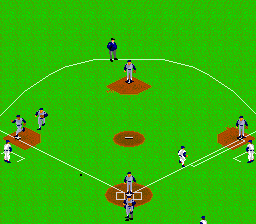 Super Batter Up (SNES) screenshot: The shadow shows where the ball is going to land