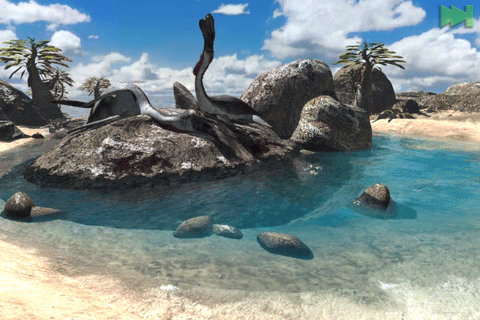 Riven: The Sequel to Myst (iPhone) screenshot: Extraordinary animal life is commonplace in Riven.