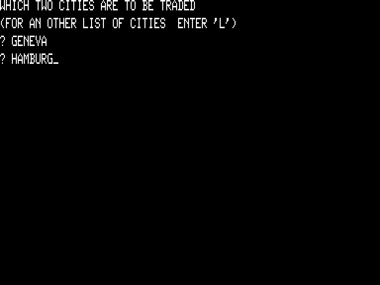 Computer Foreign Exchange (TRS-80) screenshot: Trading cities
