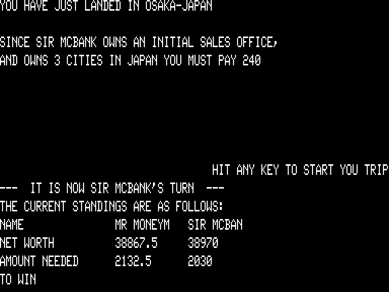 Computer Foreign Exchange (TRS-80) screenshot: Landing in an opponent's city