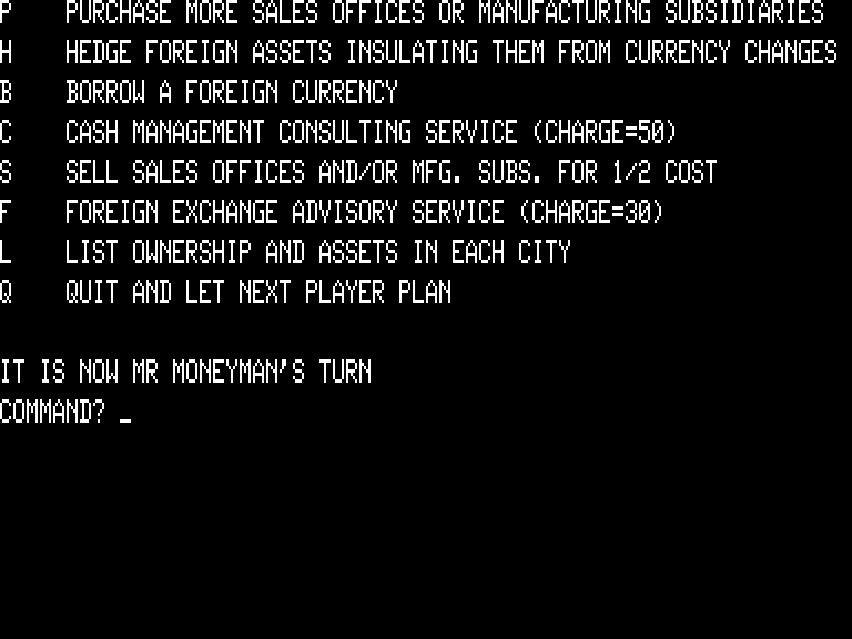 Computer Foreign Exchange (TRS-80) screenshot: All the planning options