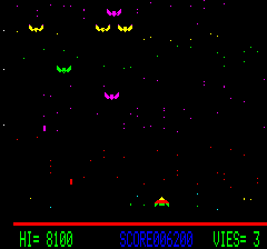 Galaxians (Oric) screenshot: More aliens attacking now