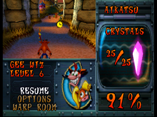 Crash Bandicoot: Warped (PlayStation) screenshot: Pressing Start Button can be paused, You can press Triangle Button to see obtained Gems, Relics, Powers, and Times for obtained Relic Best Time.
