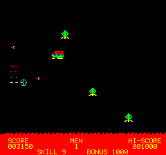 Zorgons Revenge (Oric) screenshot: After a number of kills the freighter appears