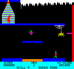 Zorgons Revenge (Oric) screenshot: Then I have to jump onto the lift without reach of the spider