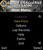 Lotus Challenge: City Racing (J2ME) screenshot: Main menu