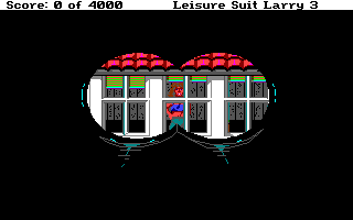 Leisure Suit Larry III: Passionate Patti in Pursuit of the Pulsating Pectorals (Amiga) screenshot: Looking through binoculars; if you answered all the questions right, she might not lower the shades!